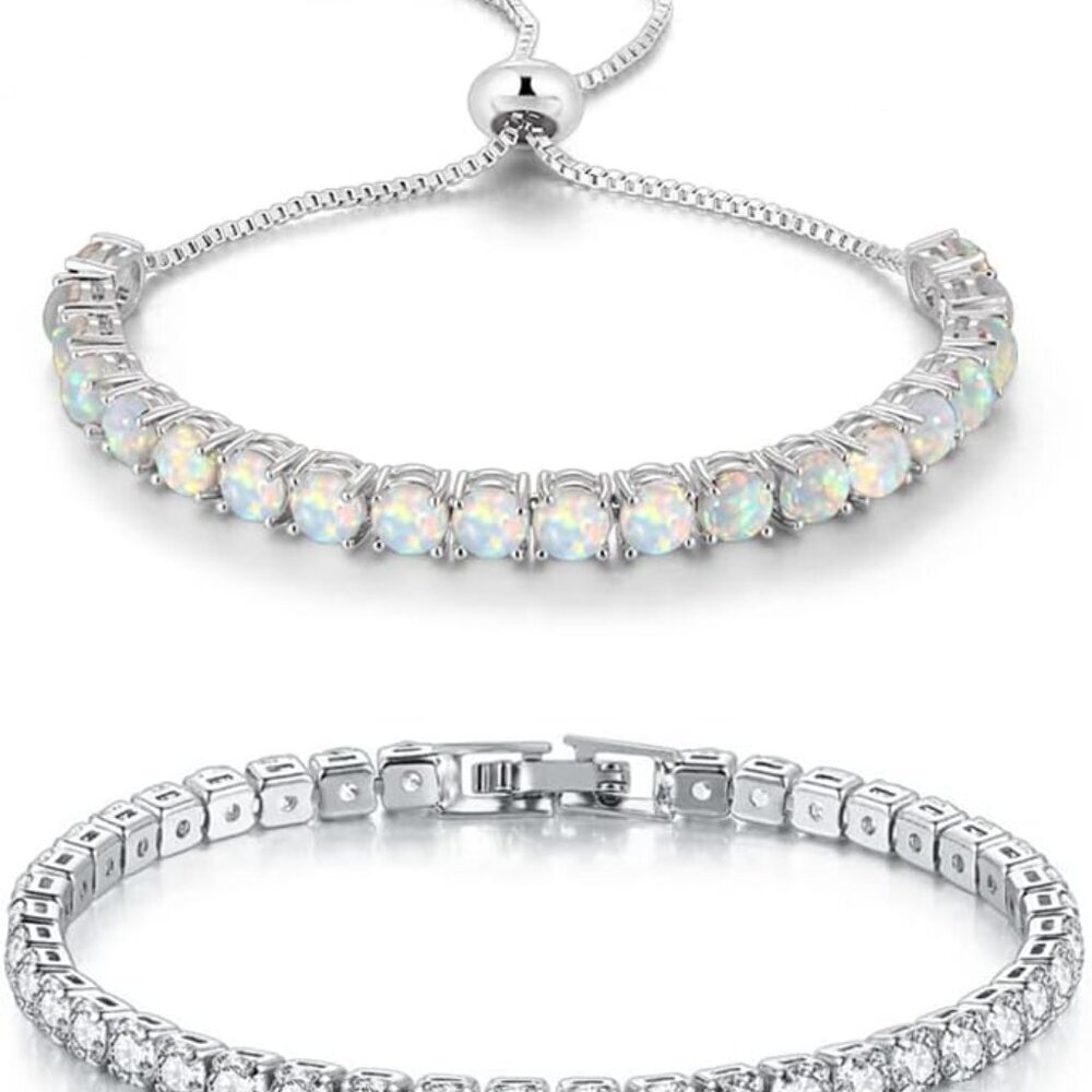 Adjustable Silver Plated Opal Tennis Bracelet for Women Girls - Fashion Jewelry